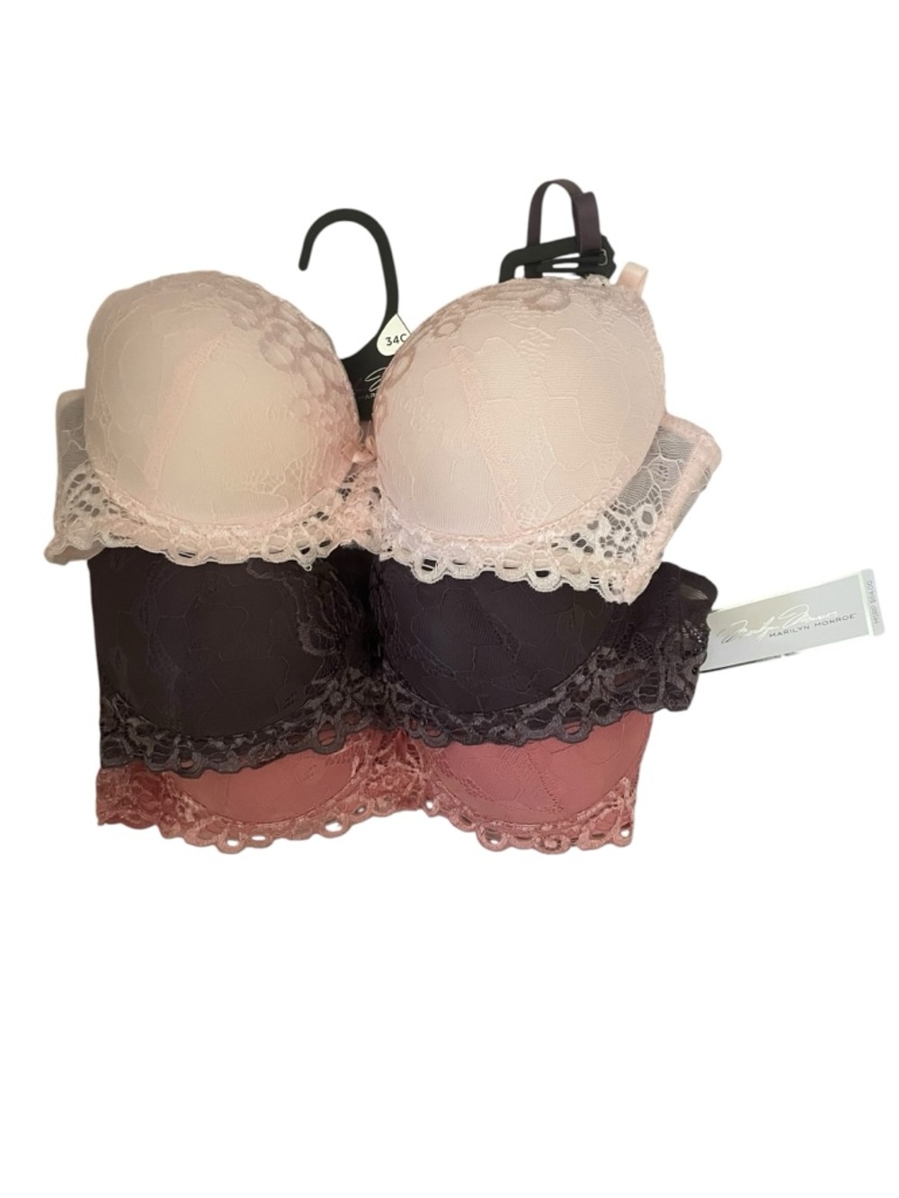 NWT - Marilyn Monroe 3-Pack Lace Push-Up Bras in Blush, Black, and Mauve - 34C